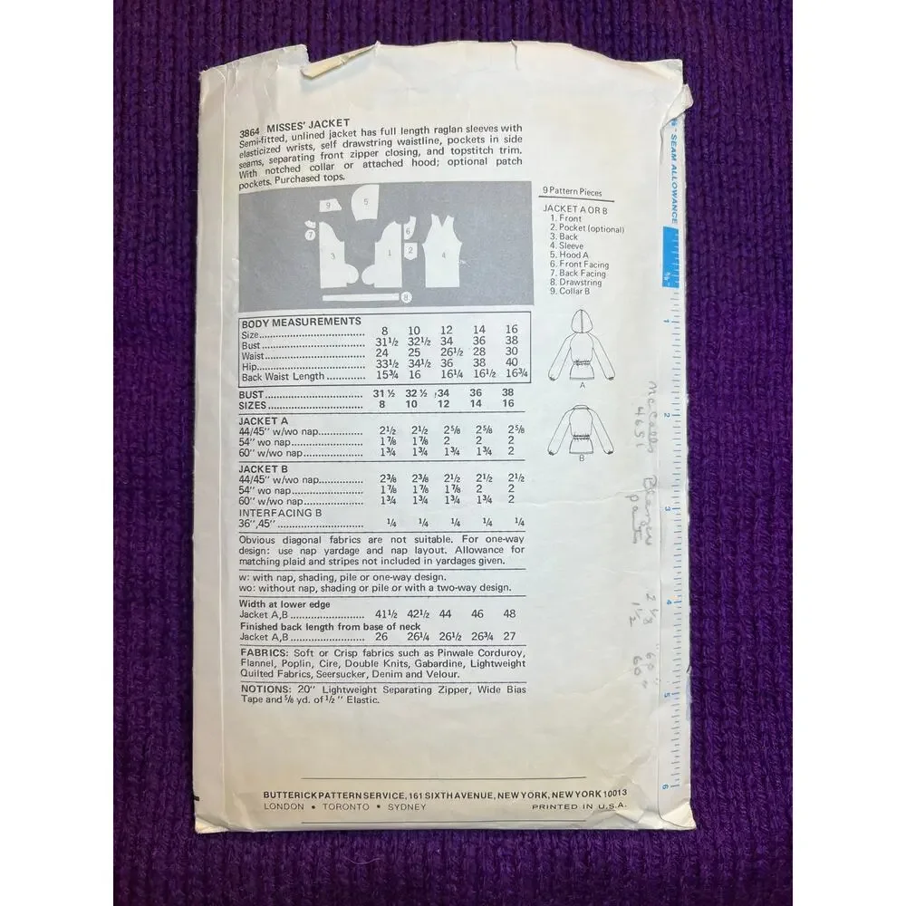 Butterick 3864 sewing pattern Jacket shacket hood 1980s size 14